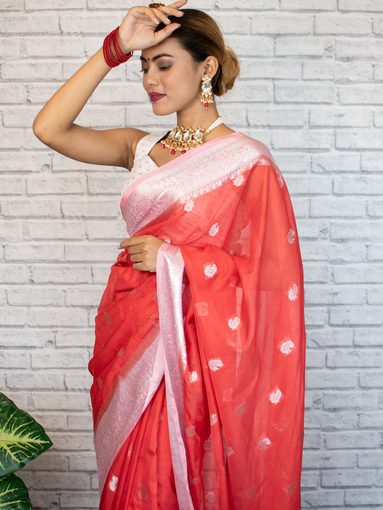 Banarasi Semi Chiffon Saree Silver Zari Buti Weaving & Contrast Border-Red