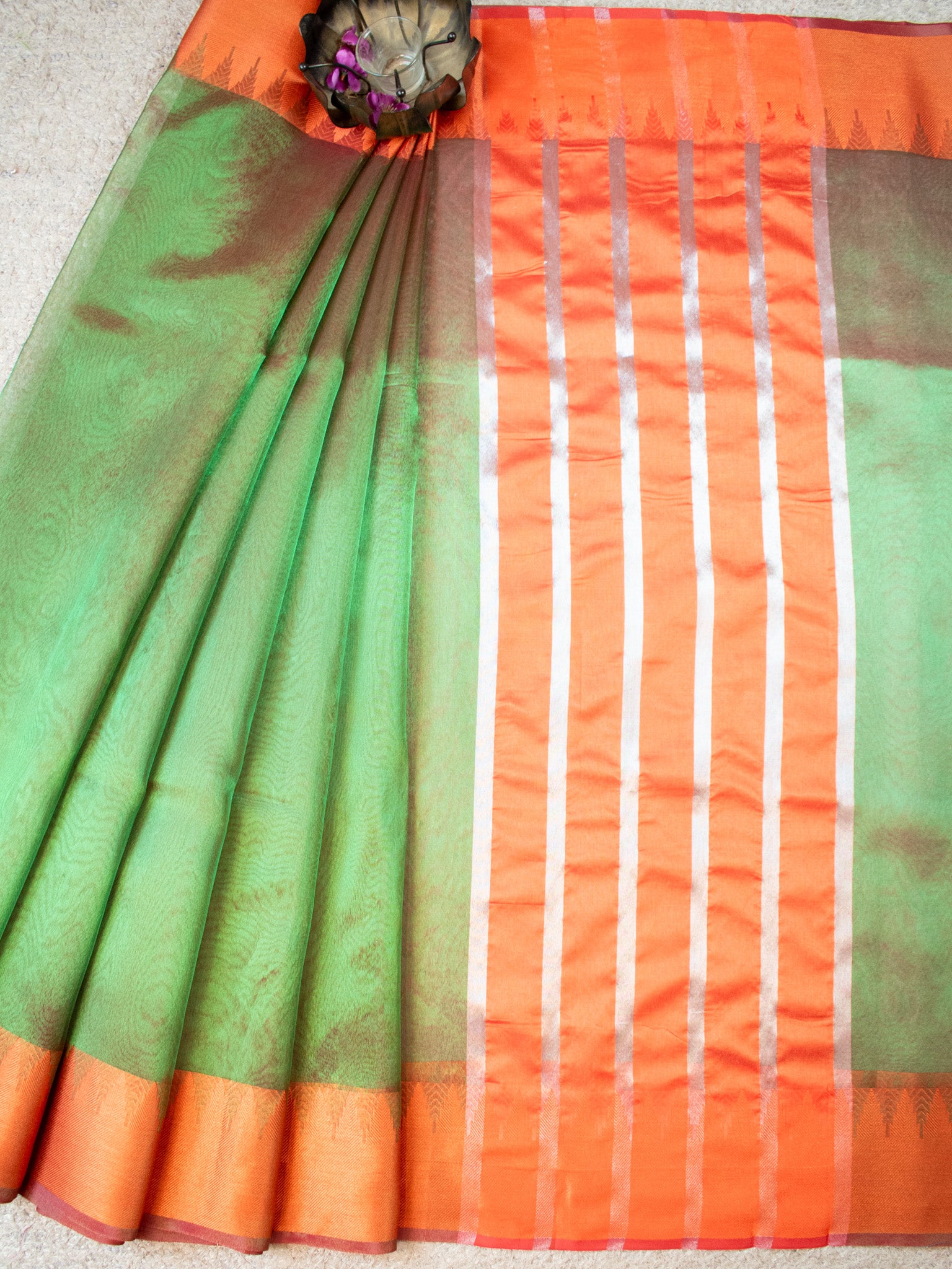 Banarasi Plain Shaded Tissue Saree With Zari Border - Green