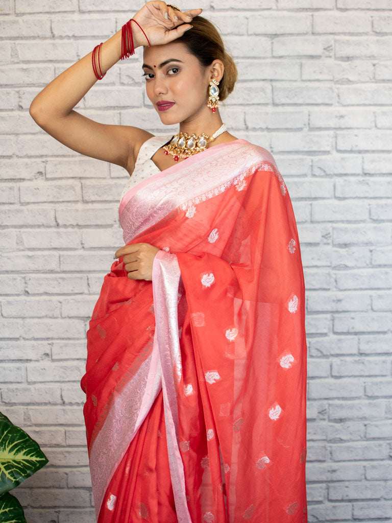 Banarasi Semi Chiffon Saree Silver Zari Buti Weaving & Contrast Border-Red