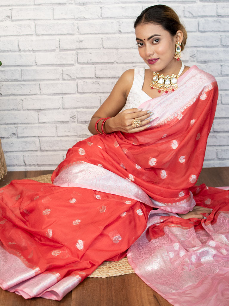 Banarasi Semi Chiffon Saree Silver Zari Buti Weaving & Contrast Border-Red