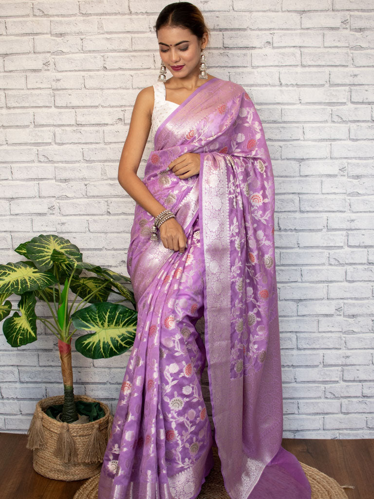 Banarasi Semi Silk Saree With Jaal Zari & Meena Weaving-Purple
