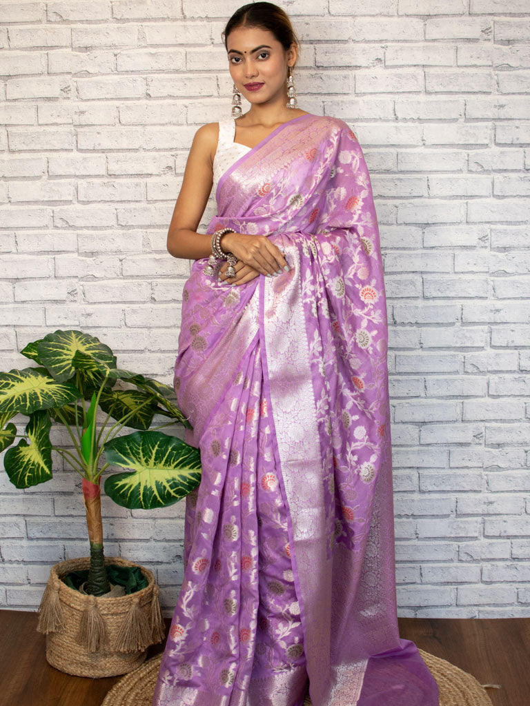 Banarasi Semi Silk Saree With Jaal Zari & Meena Weaving-Purple