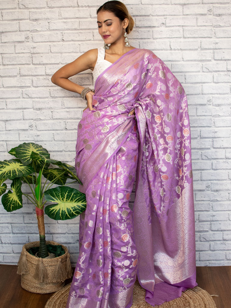 Banarasi Semi Silk Saree With Jaal Zari & Meena Weaving-Purple