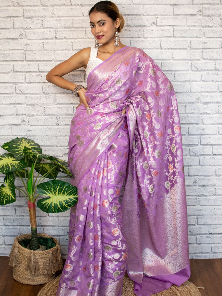 Banarasi Semi Silk Saree With Jaal Zari & Meena Weaving-Purple