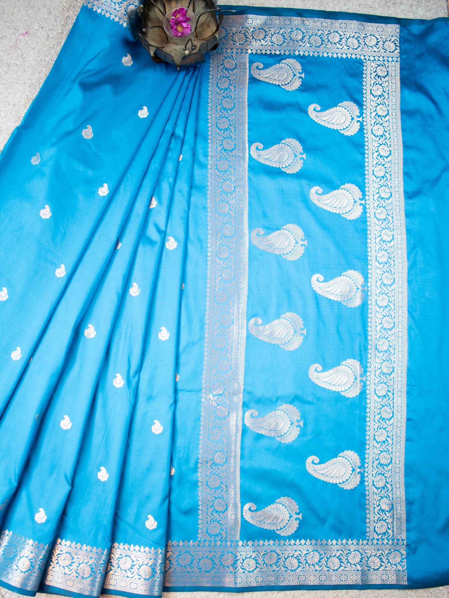 Banarasi Semi Silk Saree With Buti Zari Weaving & Border - Blue