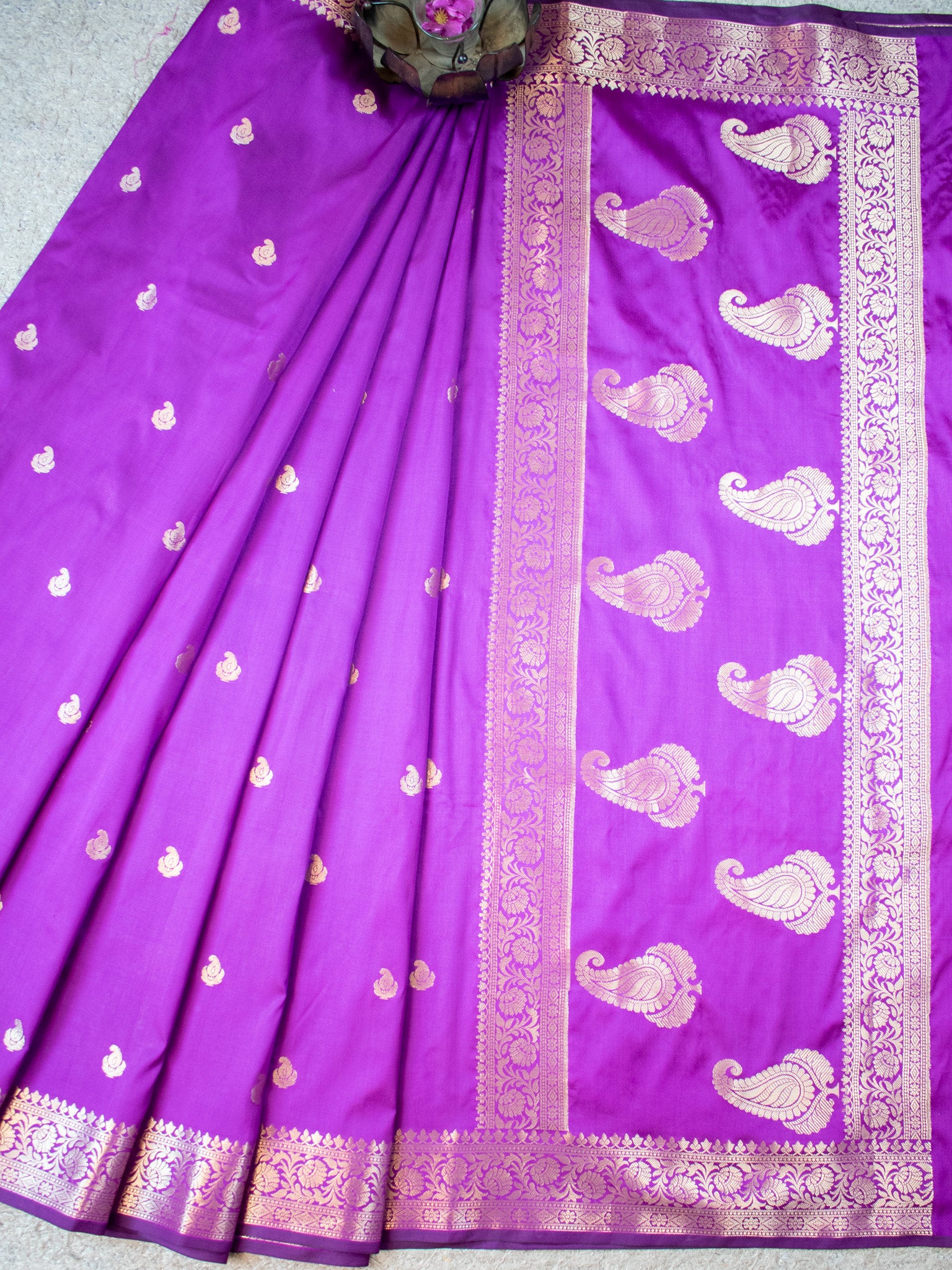 Banarasi Semi Silk Saree With Buti Zari Weaving & Border - Purple