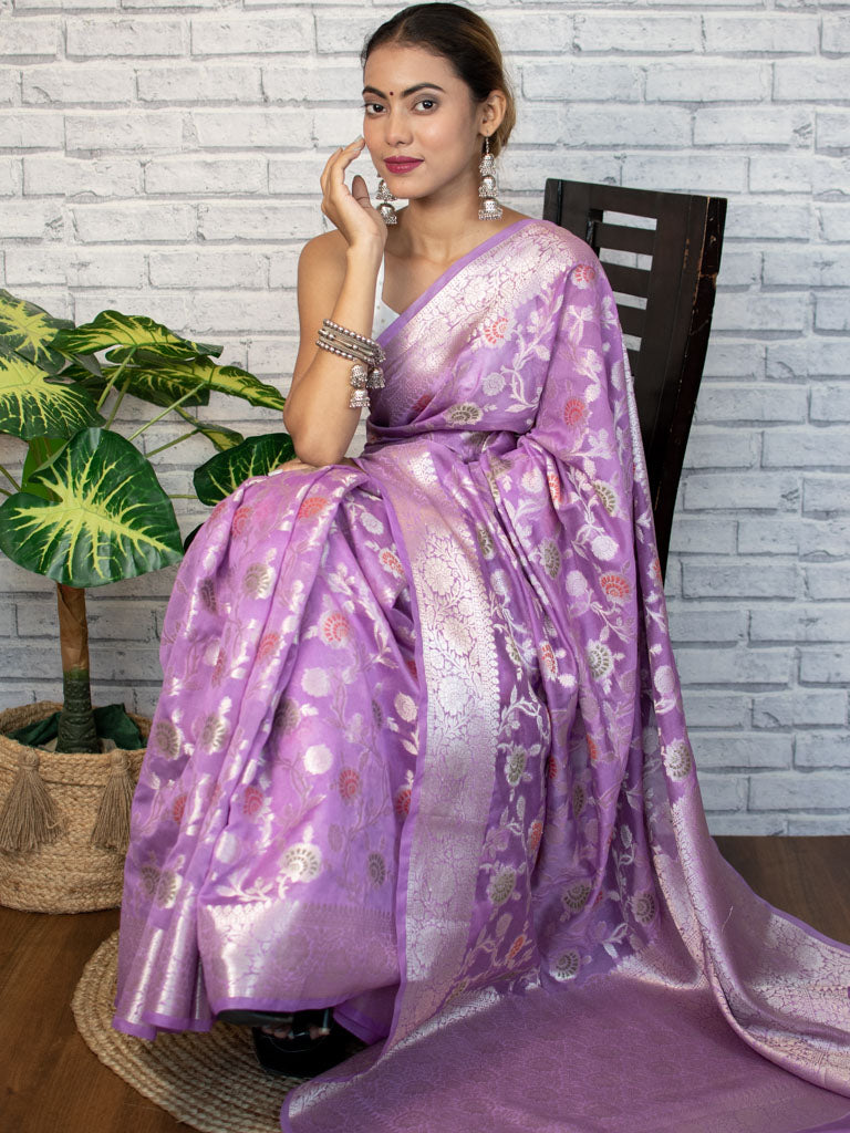 Banarasi Semi Silk Saree With Jaal Zari & Meena Weaving-Purple