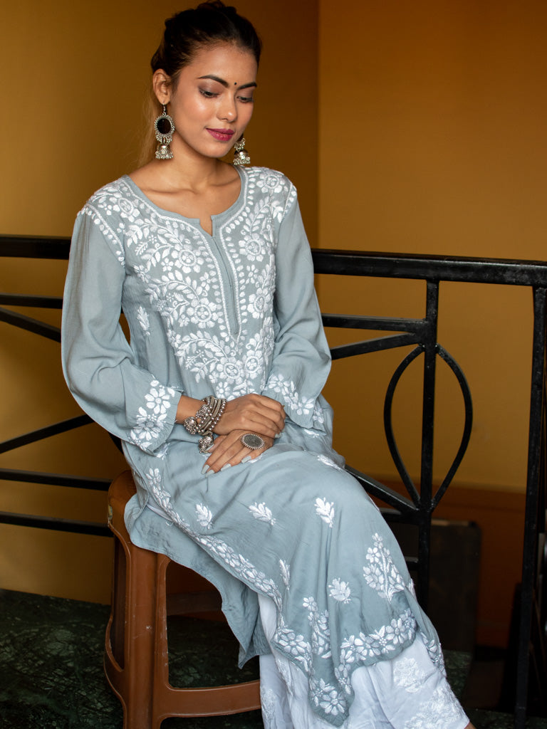 Readymade Floral Chikankari Modal Kurti-Grey