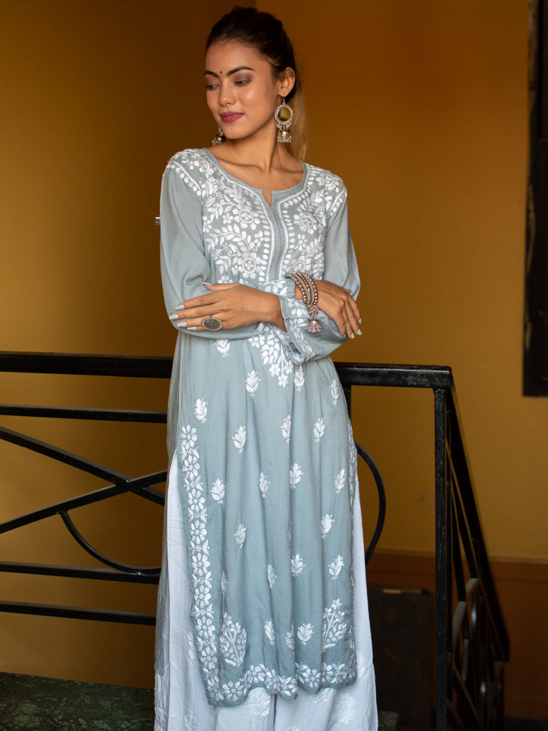Readymade Floral Chikankari Modal Kurti-Grey