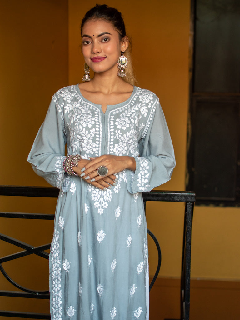Readymade Floral Chikankari Modal Kurti-Grey