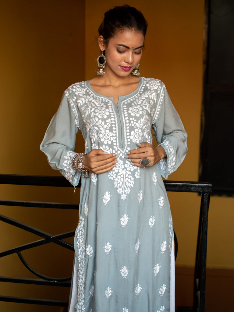 Readymade Floral Chikankari Modal Kurti-Grey