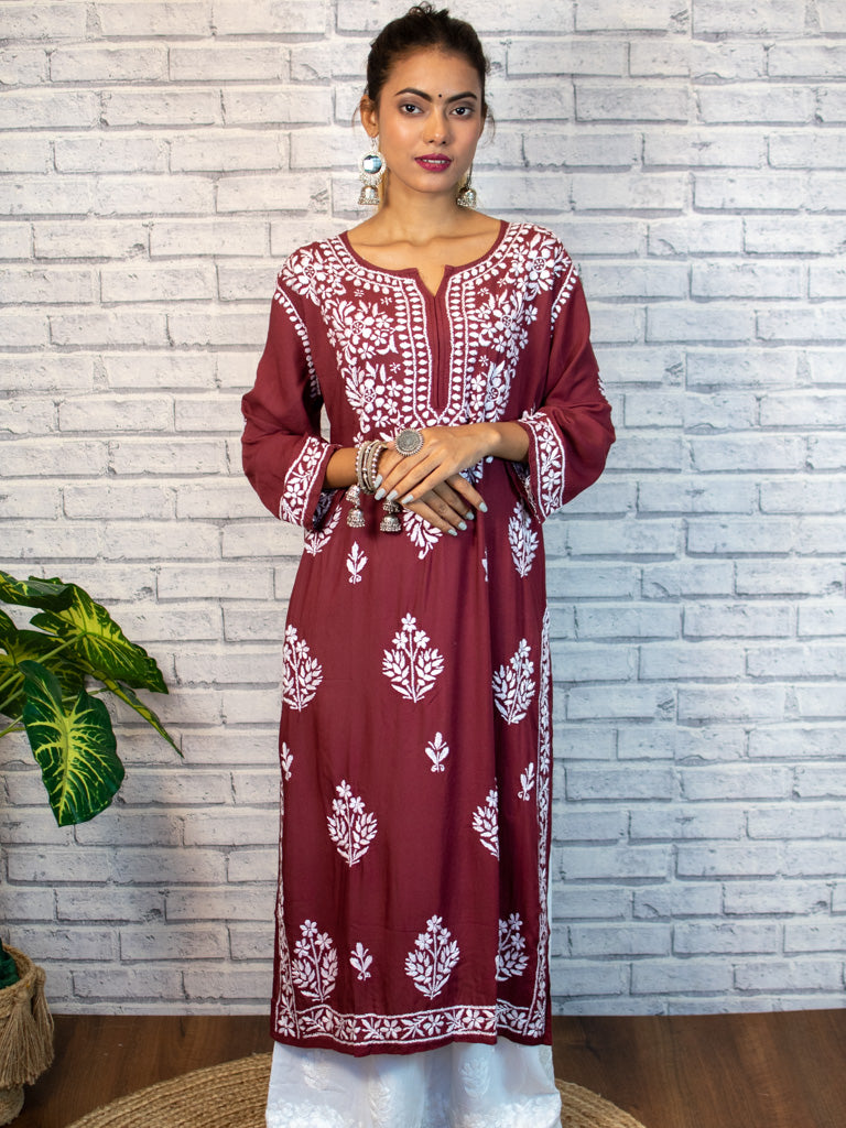 Readymade Floral Chikankari Modal Kurti-Maroon