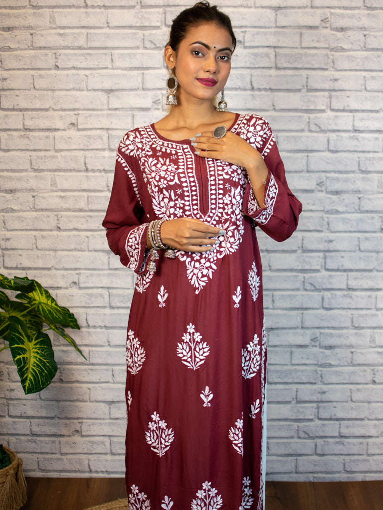 Readymade Floral Chikankari Modal Kurti-Maroon
