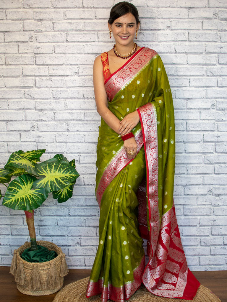 Banarasi Semi Chiffon Saree Silver Zari Buti Weaving & Contrast Border-Mehndi Green