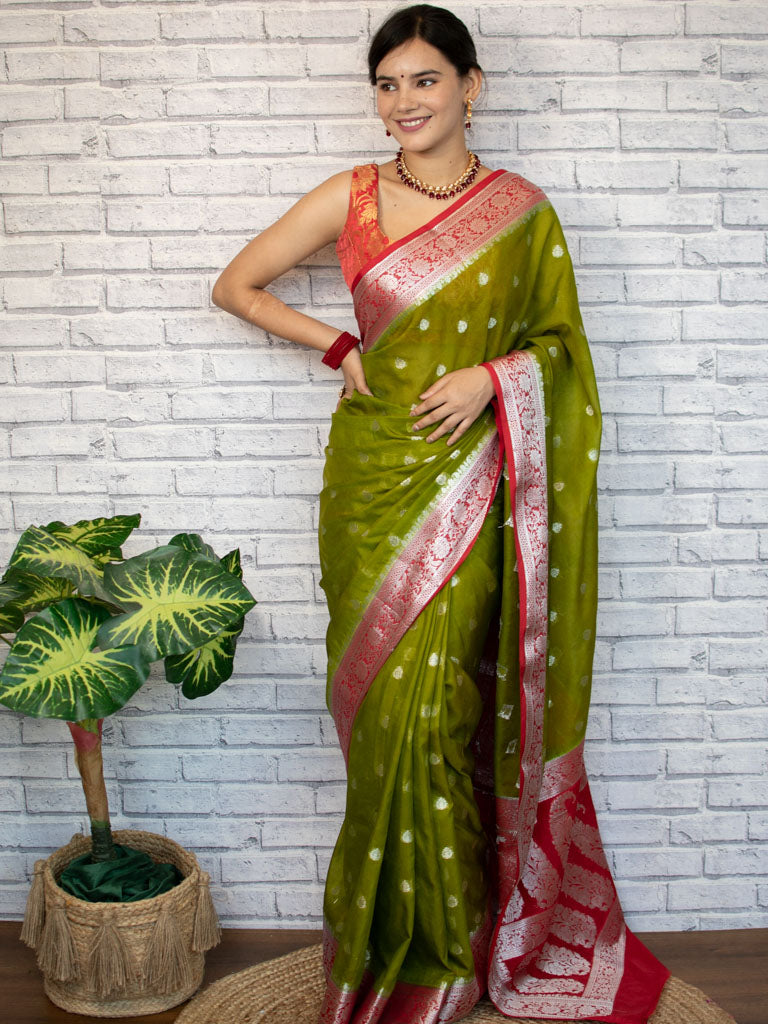 Banarasi Semi Chiffon Saree Silver Zari Buti Weaving & Contrast Border-Mehndi Green