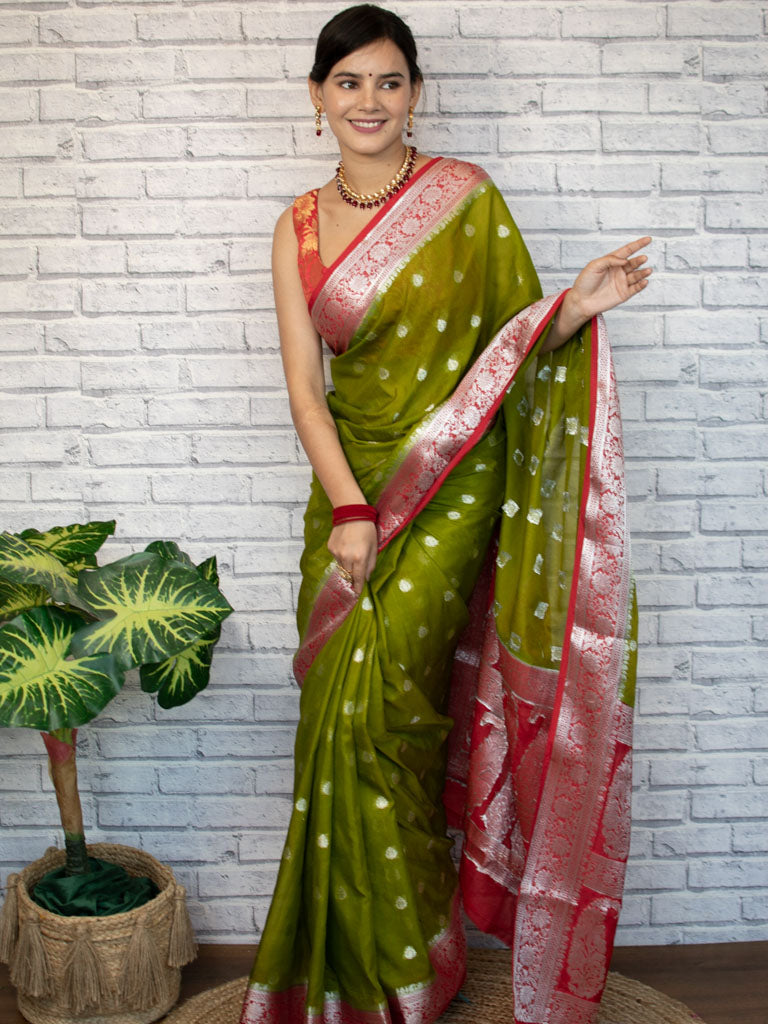 Banarasi Semi Chiffon Saree Silver Zari Buti Weaving & Contrast Border-Mehndi Green