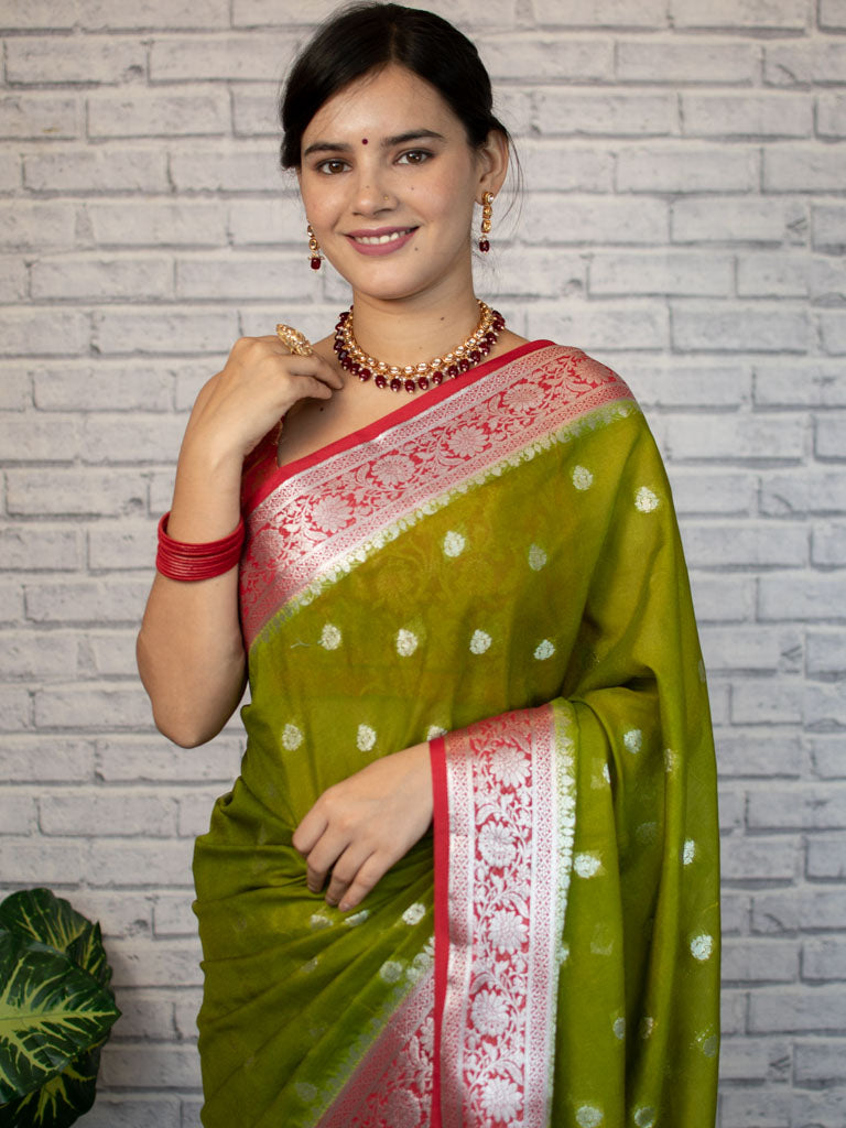 Banarasi Semi Chiffon Saree Silver Zari Buti Weaving & Contrast Border-Mehndi Green