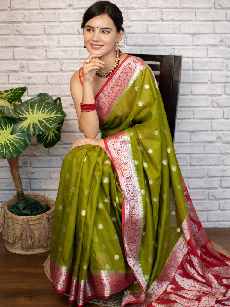 Banarasi Semi Chiffon Saree Silver Zari Buti Weaving & Contrast Border-Mehndi Green
