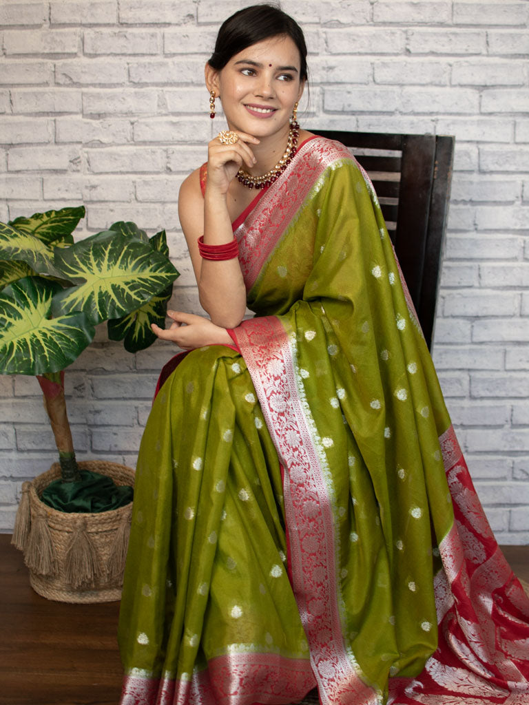 Banarasi Semi Chiffon Saree Silver Zari Buti Weaving & Contrast Border-Mehndi Green