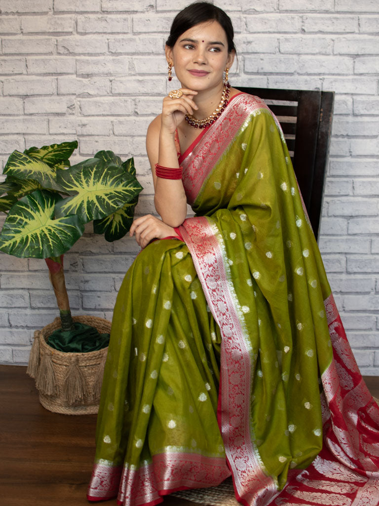 Banarasi Semi Chiffon Saree Silver Zari Buti Weaving & Contrast Border-Mehndi Green