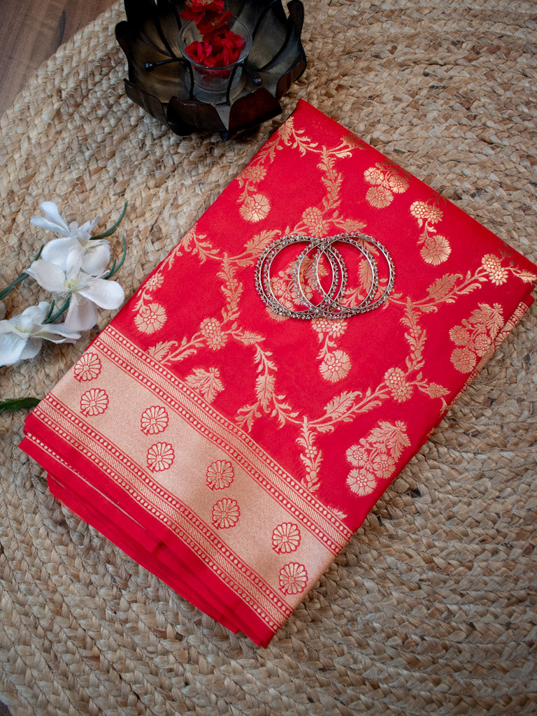 Banarasi Art Katan Silk Saree With Jaal Weaving-Red