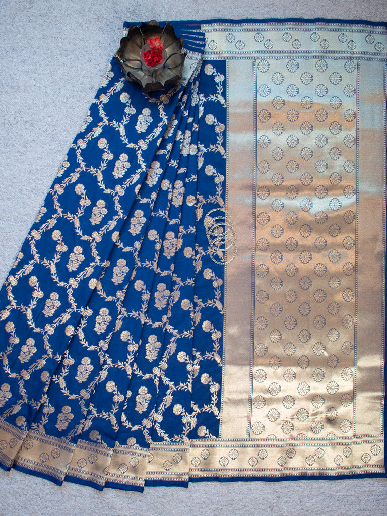 Banarasi Art Katan Silk Saree With Jaal Weaving-Deep Blue