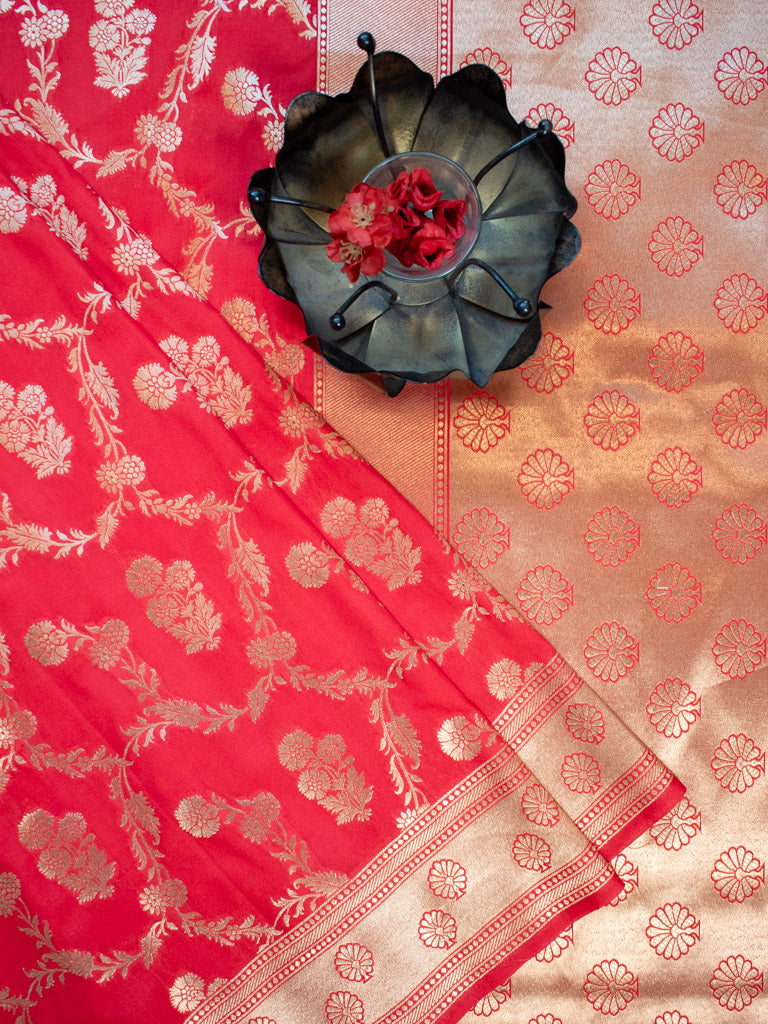 Banarasi Art Katan Silk Saree With Jaal Weaving-Red