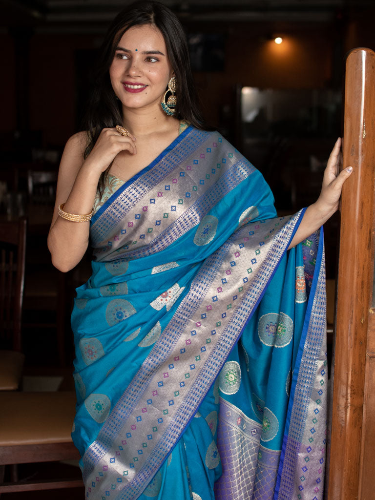 Banarasi Semi Silk Saree With Buta Weaving-Blue