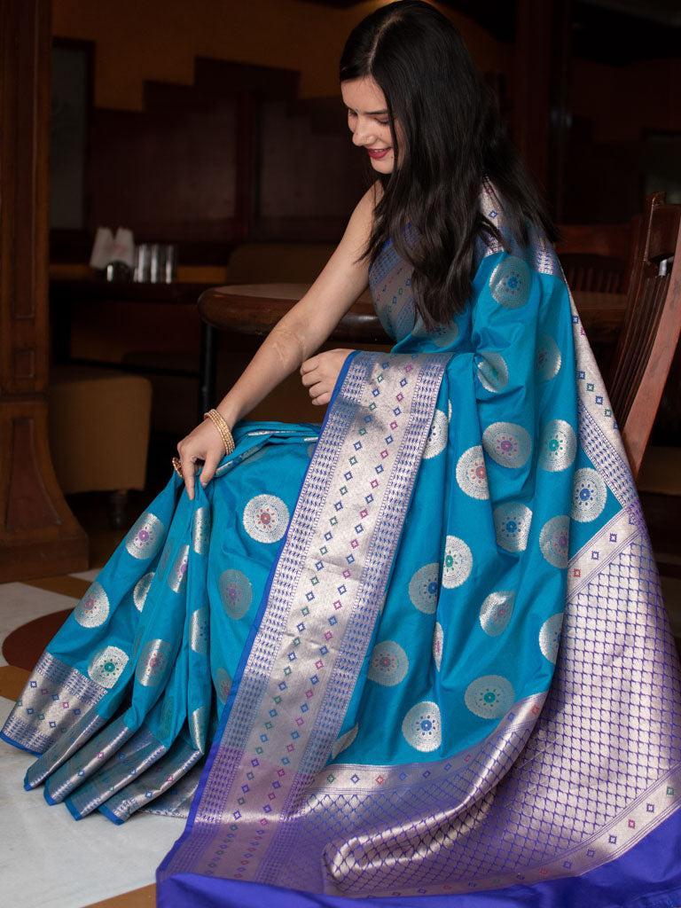 Banarasi Semi Silk Saree With Buta Weaving-Blue