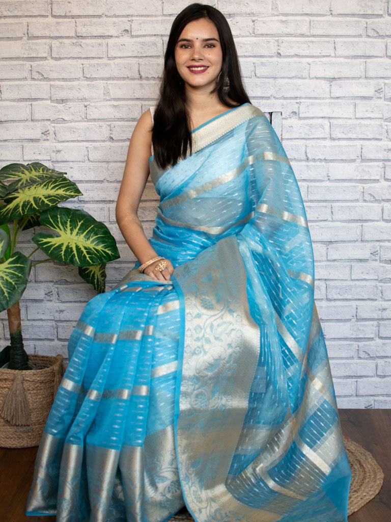 Banarasi Organza Saree With Zari Weaving-Blue