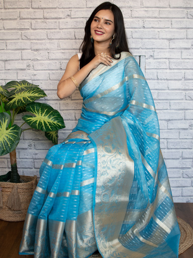 Banarasi Organza Saree With Zari Weaving-Blue