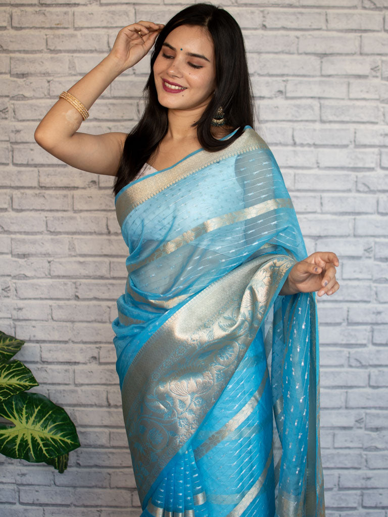 Banarasi Organza Saree With Zari Weaving-Blue