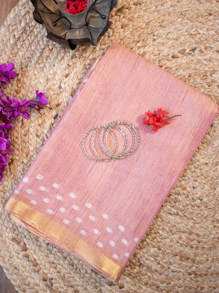 Banarasi Cotton Linen Saree With Resham Weaving & Zari Border-Peach
