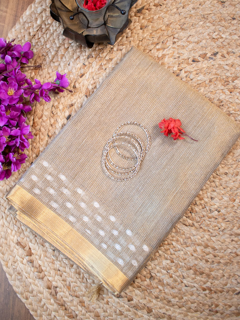 Banarasi Cotton Linen Saree With Resham Weaving & Zari Border-Brown