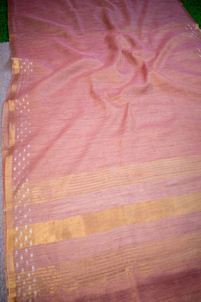 Banarasi Cotton Linen Saree With Resham Weaving & Zari Border-Peach