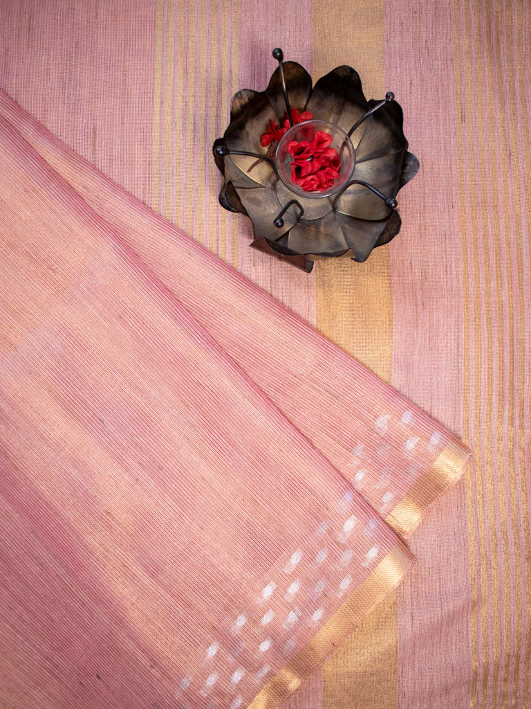 Banarasi Cotton Linen Saree With Resham Weaving & Zari Border-Peach