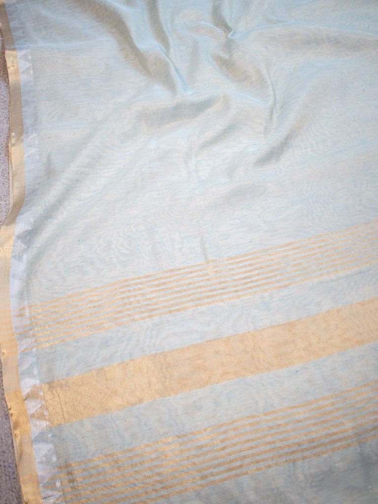 Banarasi Cotton Linen Saree With Zari Border-Blue
