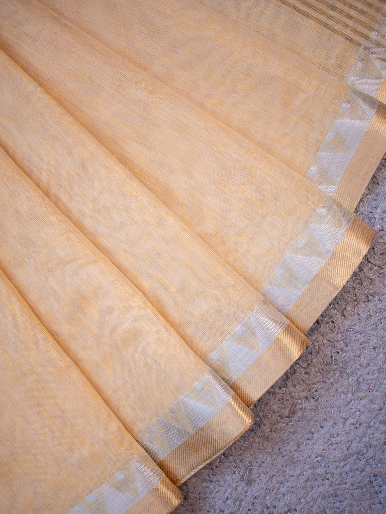 Banarasi Cotton Linen Saree With Zari Border-Yellow