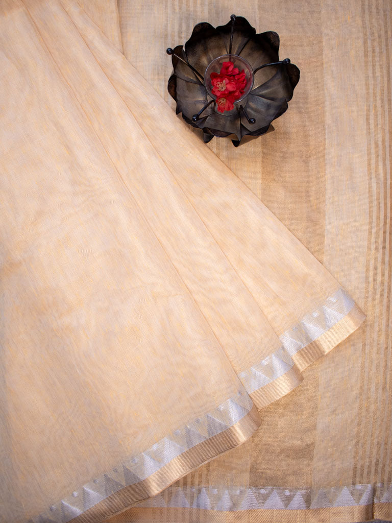 Banarasi Cotton Linen Saree With Zari Border-Yellow