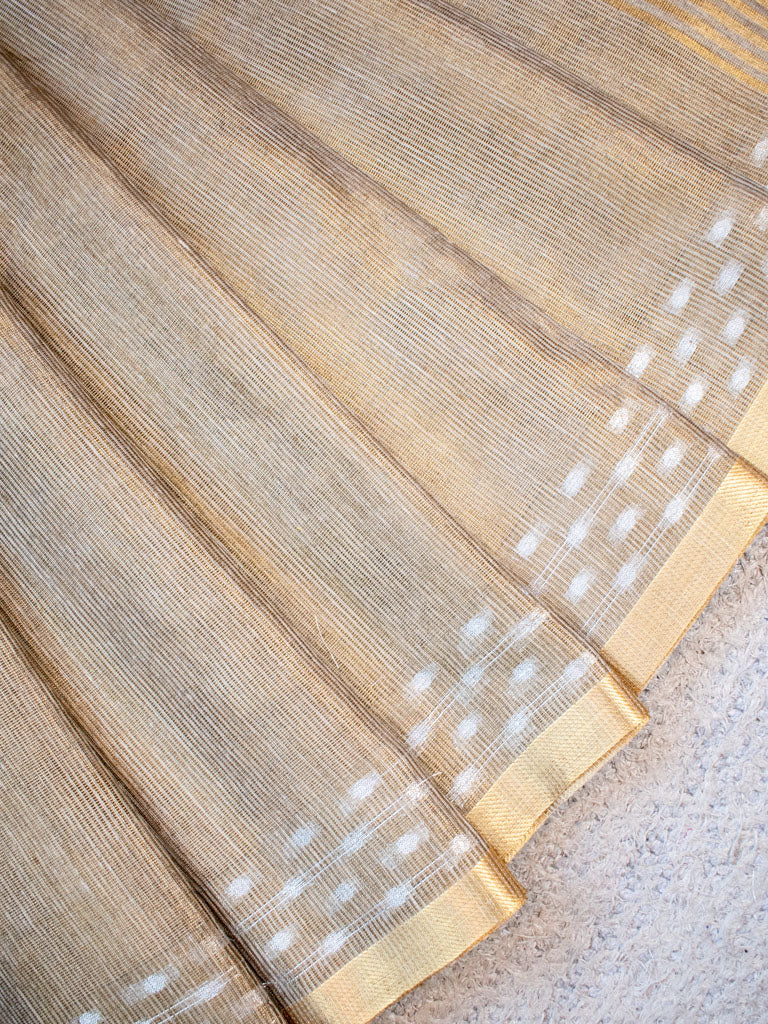 Banarasi Cotton Linen Saree With Resham Weaving & Zari Border-Brown