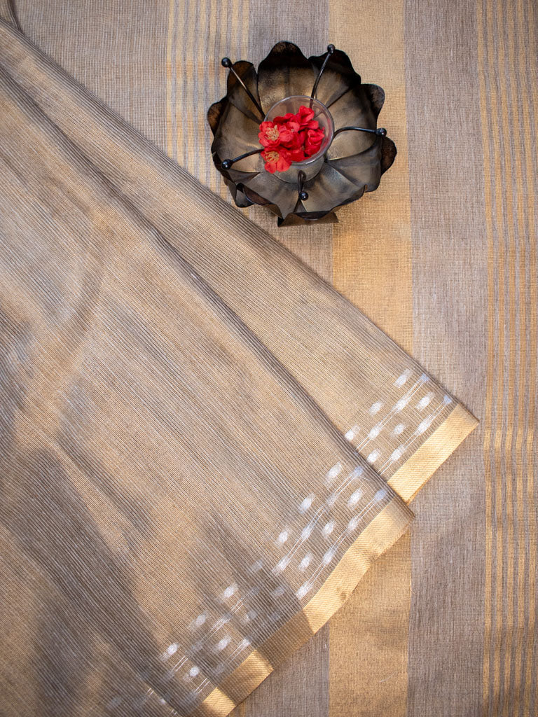 Banarasi Cotton Linen Saree With Resham Weaving & Zari Border-Brown