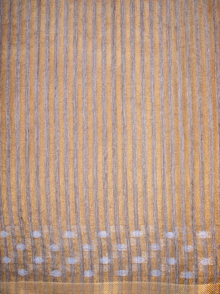 Banarasi Cotton Linen Saree With Resham Weaving & Zari Border-Brown