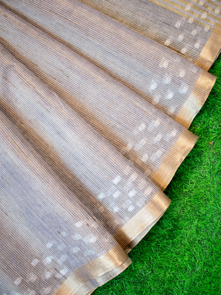 Banarasi Cotton Linen Saree With Resham Weaving & Zari Border-Grey