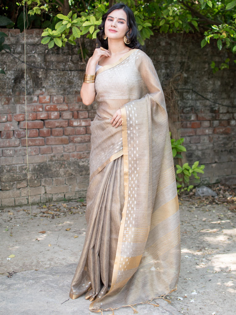 Banarasi Cotton Linen Saree With Resham Weaving & Zari Border-Brown