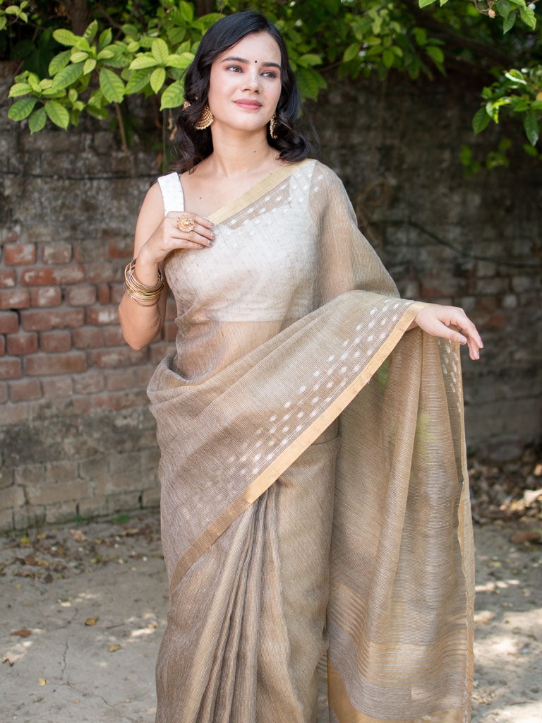 Banarasi Cotton Linen Saree With Resham Weaving & Zari Border-Brown