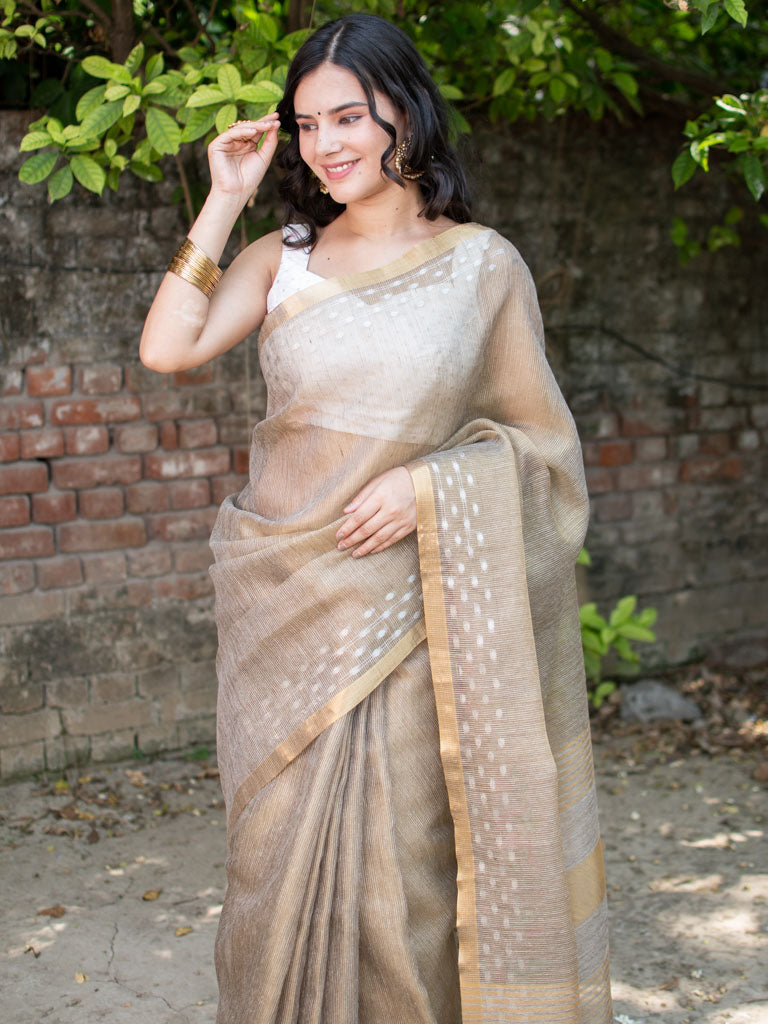 Banarasi Cotton Linen Saree With Resham Weaving & Zari Border-Brown