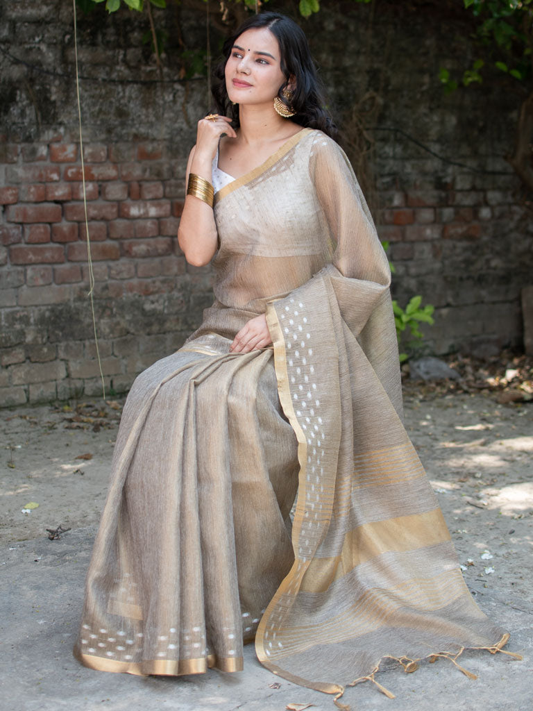 Banarasi Cotton Linen Saree With Resham Weaving & Zari Border-Brown