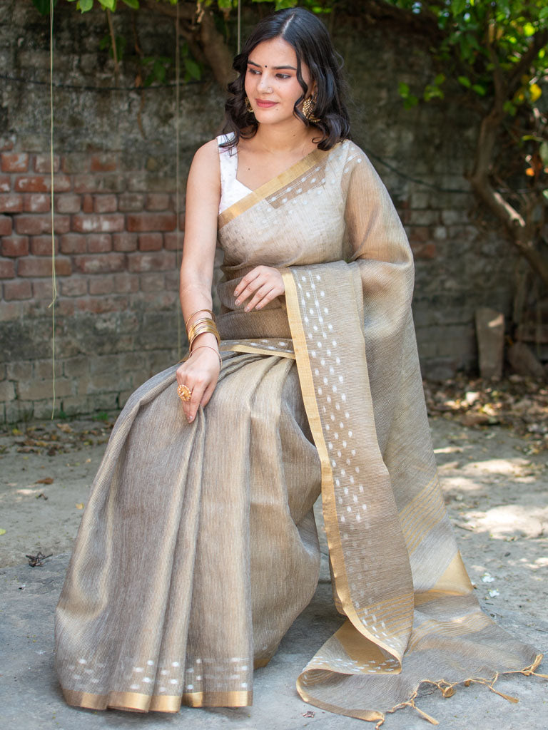 Banarasi Cotton Linen Saree With Resham Weaving & Zari Border-Brown