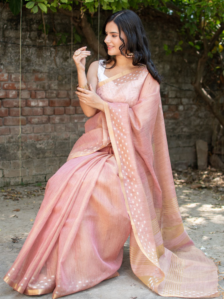 Banarasi Cotton Linen Saree With Resham Weaving & Zari Border-Peach