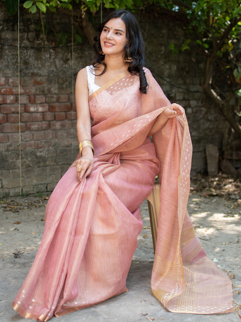 Banarasi Cotton Linen Saree With Resham Weaving & Zari Border-Peach